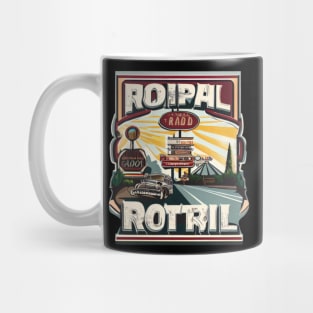 A graphic that captures the vintage vibe of a classic road trip, complete with iconic roadside attractions and retro typography. Mug